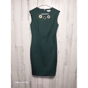 CALVIN KLEIN Green SLEEVELESS SHEATH LINED DRESS GOLD RING CUT OUT SIZE 6